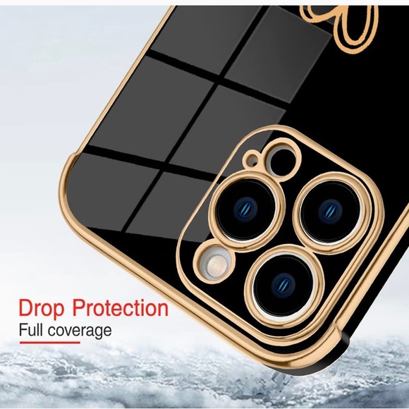 🍀iPhone 14 Pro Shockproof Case Heart Design Plating Black Cover - Picture 3 of 4